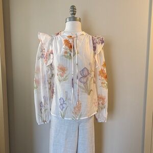 Bailey 44 Sheer Cream Blouse with Pastel Floral Print